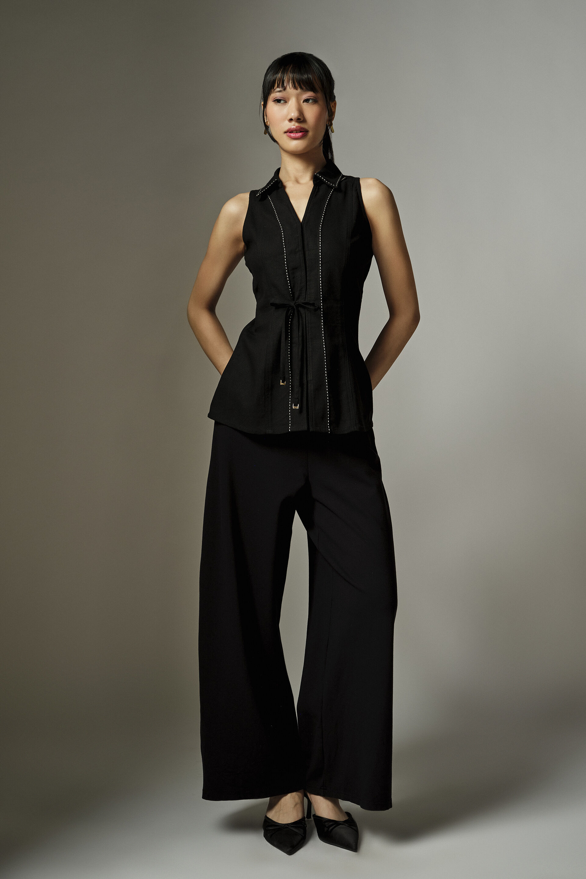 Raya Black Collared Top, Black, image 2